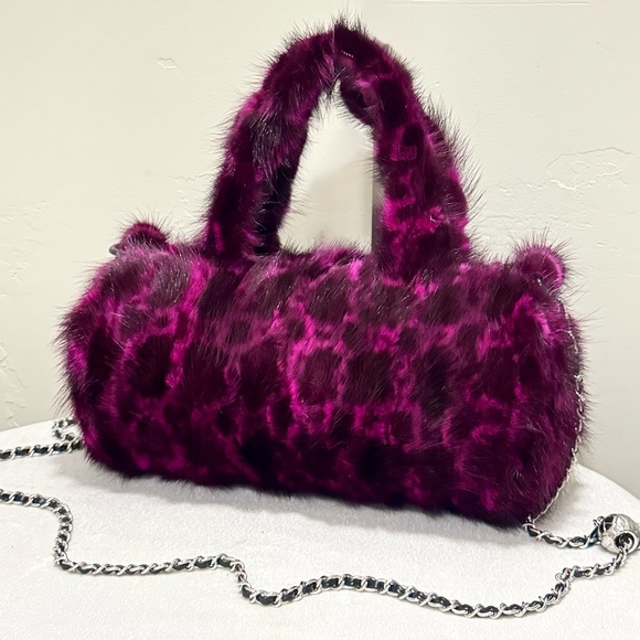 Leopard Real Mink Fur Handmade Fur Handles Barrel Bag/Shoulder Bag/Crossbody Bag - Picture 3 of 16